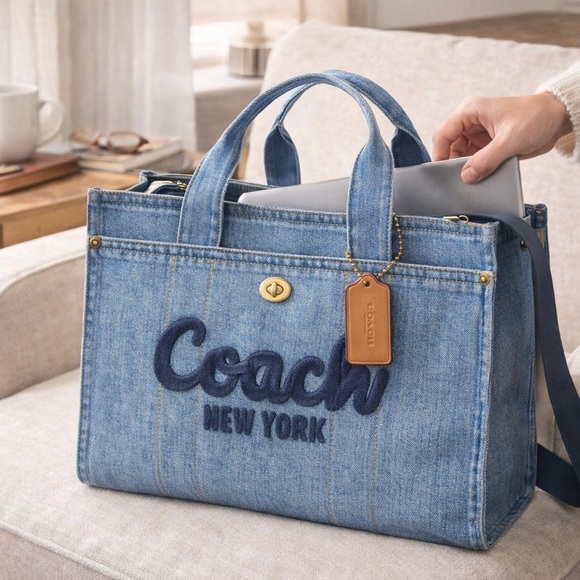 Coach Handbags - NEW Coach Large Denim Cargo Tote CR657 Blue Jeans Logo Embroidery Bag NWT
